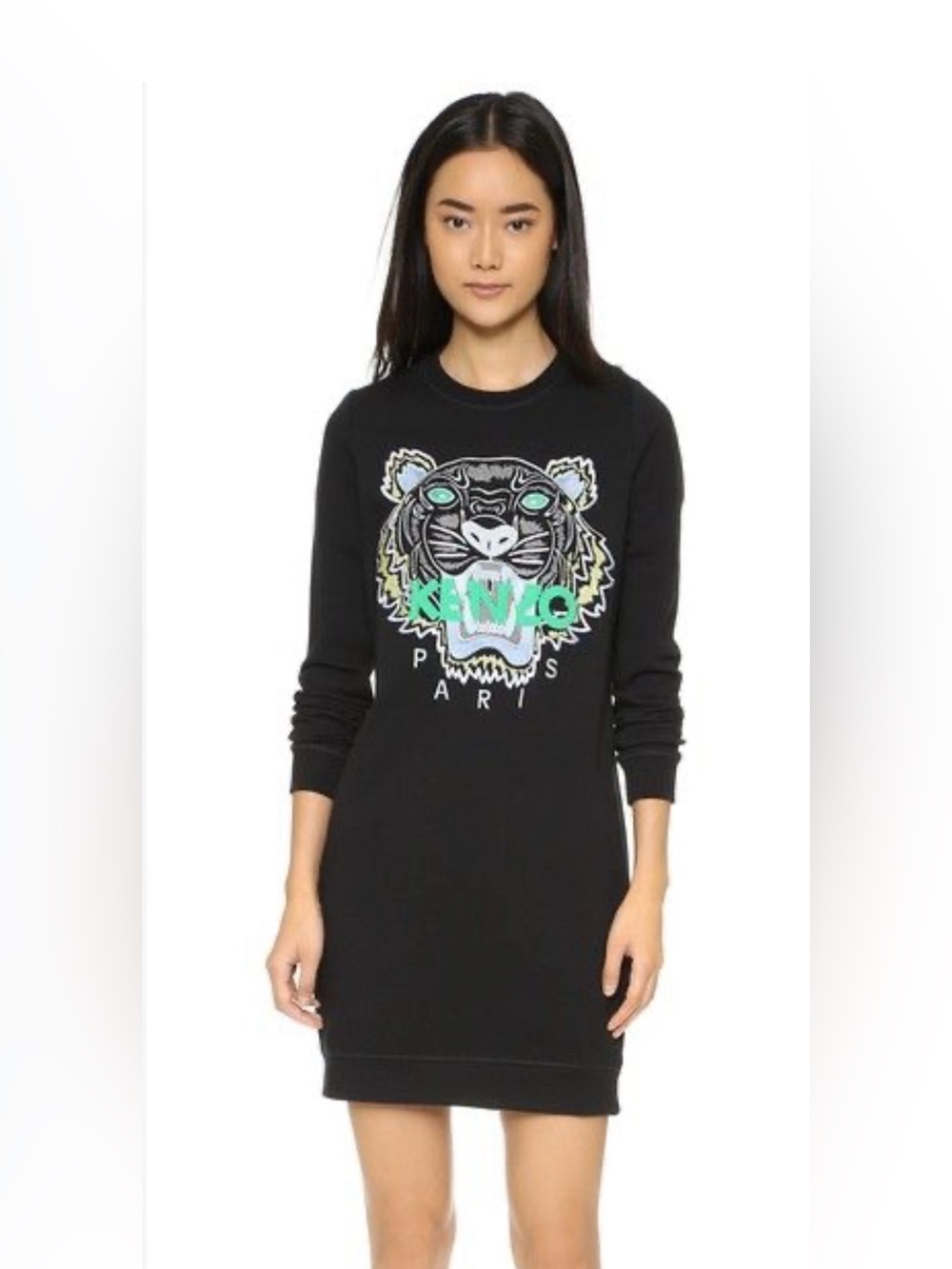 Kenzo Black Crewneck Sweater Dress with Mint & Pastel Tiger Embroidery